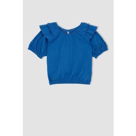 DeFacto Y6621A622HS Mavi-BE758 Regular Fit Krinkıl Kumaş Kısa Kollu Kız Çocuk Tişört
