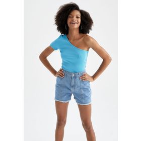 DeFacto Y7469AZ22SM Bej-BG107 Slim Fit Basic Tek Omuzlu Kadın Tişört