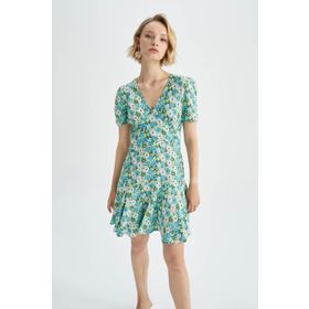 DeFacto Y8414AZ22HS V Yaka Floral Kısa Kollu Mini Elbise