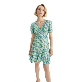 DeFacto Y8414AZ22HS V Yaka Floral Kısa Kollu Mini Elbise