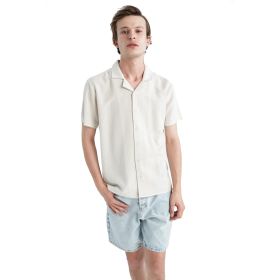DeFacto Y9085AZ Taş Rengi Regular Fit Apaş Yaka Keten Karışımlı Kısa Kollu Erkek Gömlek
