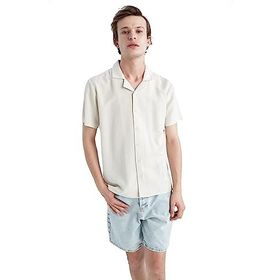 DeFacto Y9085AZ Taş Rengi Regular Fit Apaş Yaka Keten Karışımlı Kısa Kollu Erkek Gömlek