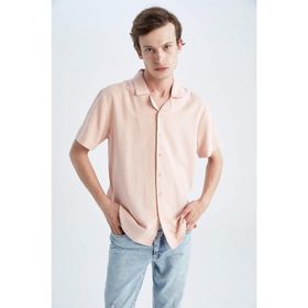 DeFacto Y9085AZ22HS Pembe-PN170 Regular Fit Apaş Yaka Keten Karışımlı Kısa Kollu Erkek Gömlek