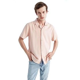 DeFacto Y9085AZ22HS Pembe-PN170 Regular Fit Apaş Yaka Keten Karışımlı Kısa Kollu Erkek Gömlek