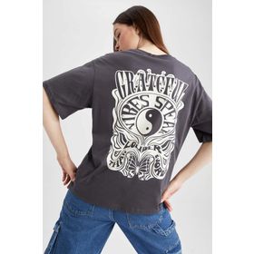 DeFacto Z0601AZ23SM Antrasit-AR191 Loose Fit Bisiklet Yaka Baskılı Kısa Kollu %100 Pamuk Kadın T-shirt