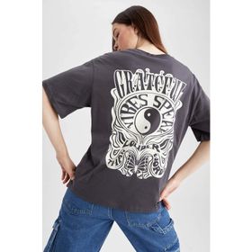 DeFacto Z0601AZ23SM Antrasit-AR191 Loose Fit Bisiklet Yaka Baskılı Kısa Kollu %100 Pamuk Kadın T-shirt