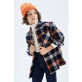 DeFacto Z1000A623SP Oversize Fit Polo Yaka Flanel Uzun Kollu Erkek Çocuk Gömlek