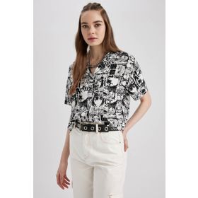 DeFacto Z2919AZ23SM Kadın Coool Oversize Fit Pijama Yaka Baskılı Kısa Kollu Gömlek