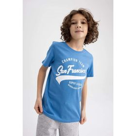 DeFacto Z8002A623SM Mavi-BE405 Regular Fit Bisiklet Yaka Baskılı Kısa Kollu Erkek Çocuk T-shirt