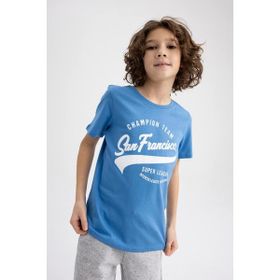 DeFacto Z8002A623SM Mavi-BE405 Regular Fit Bisiklet Yaka Baskılı Kısa Kollu Erkek Çocuk T-shirt