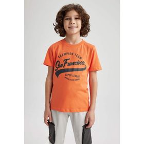 DeFacto Z8002A623SM Turuncu-OG77 Regular Fit Bisiklet Yaka Baskılı Kısa Kollu Erkek Çocuk T-shirt