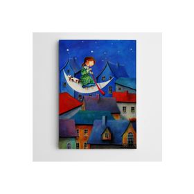Dekolata Ay Üzerinde Kız ve Evler 60x85 cm Kanvas Tablo