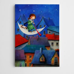 Dekolata Ay Üzerinde Kız ve Evler 60x85 cm Kanvas Tablo