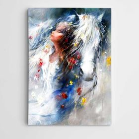 Dekolata Beyaz At Kadın ve Çiçekler Modern Sanat 60x85 cm Kanvas Tablo