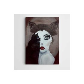 Dekolata Kedi ve Kadın 30x40 cm Kanvas Tablo