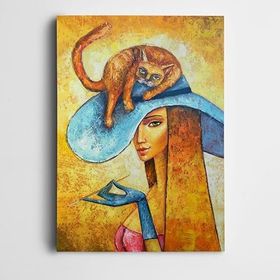 Dekolata Kedi ve Kadın 60x85 cm Kanvas Tablo