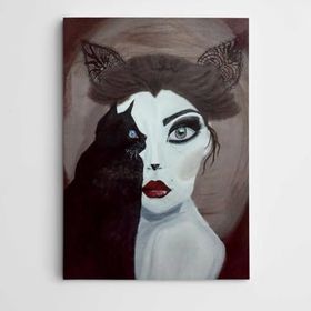 Dekolata Kedi ve Kadın 60x85 cm Kanvas Tablo
