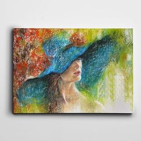 Dekolata Mavi Şapkalı Kadın 20x30 cm Kanvas Tablo