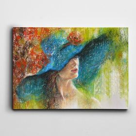 Dekolata Mavi Şapkalı Kadın 35x50 cm Kanvas Tablo
