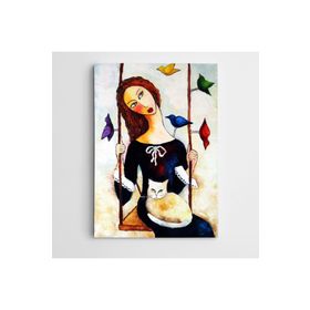 Dekolata Salıncak Kedi ve Kuşlar Modern Sanat 40x60 cm Kanvas Tablo