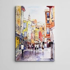 Dekolata Sokak ve İnsanlar Suluboya 20x30 cm Kanvas Tablo
