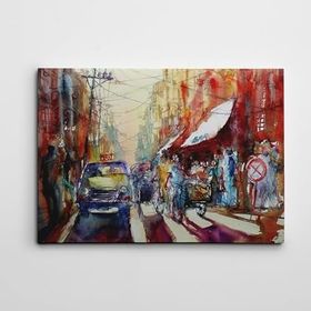 Dekolata Taksi Bar ve Cadde Suluboya 60x85 cm Kanvas Tablo