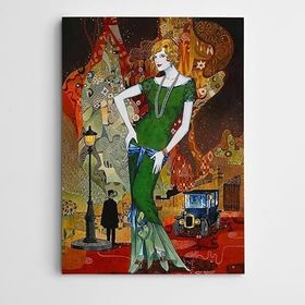 Dekolata Yeşil Elbiseli Sarışın Kadın 60x85 cm Kanvas Tablo