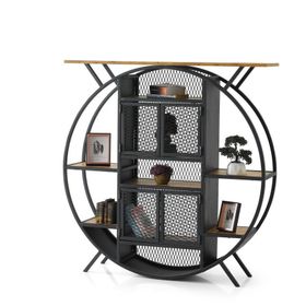 Dekoratif 125x30x128 cm Raflı Ferforje Kapaklı Yuvarlak Kitaplık