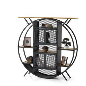Dekoratif 125x30x128 cm Raflı Ferforje Kapaklı Yuvarlak Kitaplık
