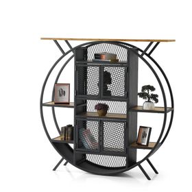 Dekoratif 125x30x128 cm Raflı Ferforje Kapaklı Yuvarlak Kitaplık