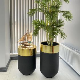 Dekoratif Gold Darbuka Siyah Saksı 70 cm+Sehpa 60 cm ikili set