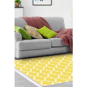 Dekoreko 2025 İpek Halı Dijital Saçaklı Sarı Beyaz 80x120 cm Salon Halı