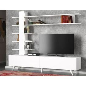 Dekorister Aleyna Duvar Raflı Kitaplıklı Beyaz TV Ünitesi