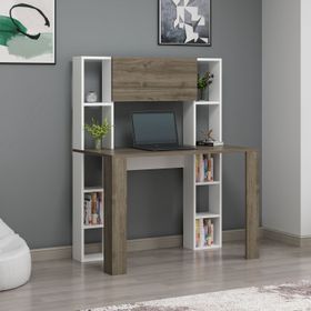 DEKOROSSO Beyaz Ceviz Vital Raflı Dolaplı Çalışma Masası