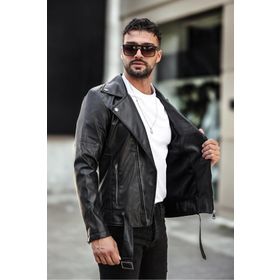 Delpino 02163 Siyah Çapraz Fermuar Erkek Deri Ceket