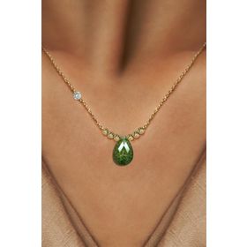 Demas Gold Pırlanta Dorikalı Yeşil Olive Zümrüt Renkli Damla Taşlı 14 Ayar Altın Kolye