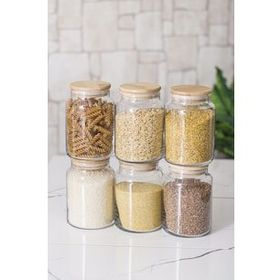 Depa 6'lı Bambu Kapaklı 800 ML Orta Boy Vakum Kapak Cam Kavanoz Erzak Saklama Kabı