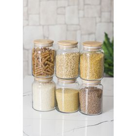 Depa 6'lı Bambu Kapaklı 800 ML Orta Boy Vakum Kapak Cam Kavanoz Erzak Saklama Kabı