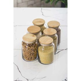 Depa 6'lı Bambu Kapaklı 800 ML Orta Boy Vakum Kapak Cam Kavanoz Erzak Saklama Kabı