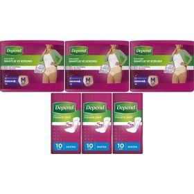 Depend Medium 10'lu Kadın Emici Külot Lohusa Pedi + 10'lu Ekstra Kadın 6'lı Set Mesane Pedi