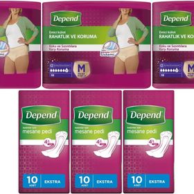 Depend Medium 10'lu Kadın Emici Külot Lohusa Pedi + 10'lu Ekstra Kadın 6'lı Set Mesane Pedi