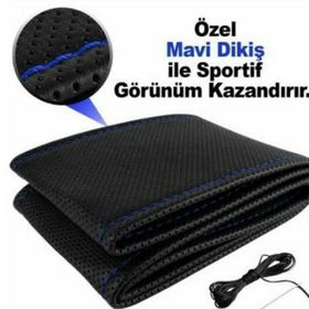 Deri Sarmalı Dikmeli Mavi Dikişli Kokusuz Direksiyon Kılıfı
