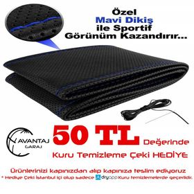 Deri Sarmalı Dikmeli Mavi Dikişli Kokusuz Direksiyon Kılıfı