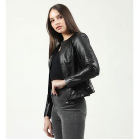 Dericlub RM384 Kroko Baskılı Crop Fit Deri Siyah Kadın Mont