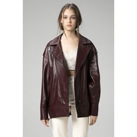 Dericlub WM019 Oversize Biker Deri Bordo Kadın Mont