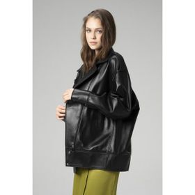 Dericlub WM019 Oversize Biker Hakiki Siyah Bej Deri Kadın Mont