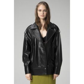 Dericlub WM019 Oversize Biker Hakiki Siyah Bej Deri Kadın Mont