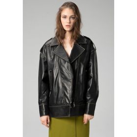Dericlub WM019 Oversize Biker Hakiki Siyah Bej Deri Kadın Mont