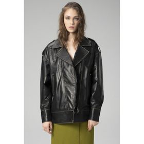 Dericlub WM019 Oversize Biker Hakiki Siyah Bej Deri Kadın Mont