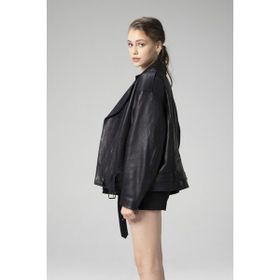 Dericlub WM031 Lacivert Jumbo Oversize Biker Deri Kadın Mont